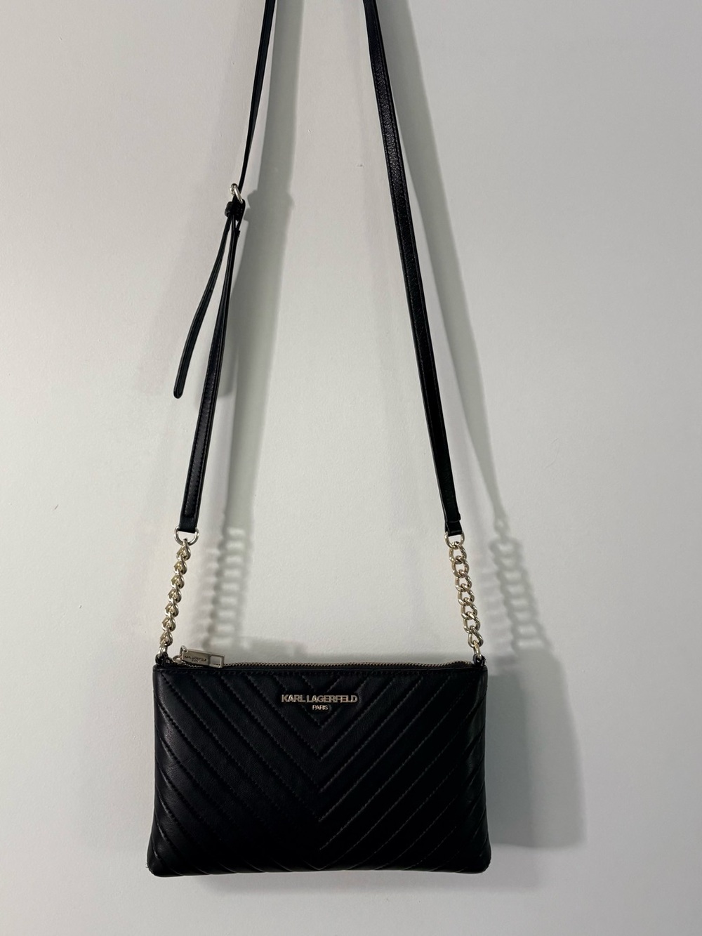Karl Lagerfeld Paris Karolina Black Quilted Crossbody with Gold Chain